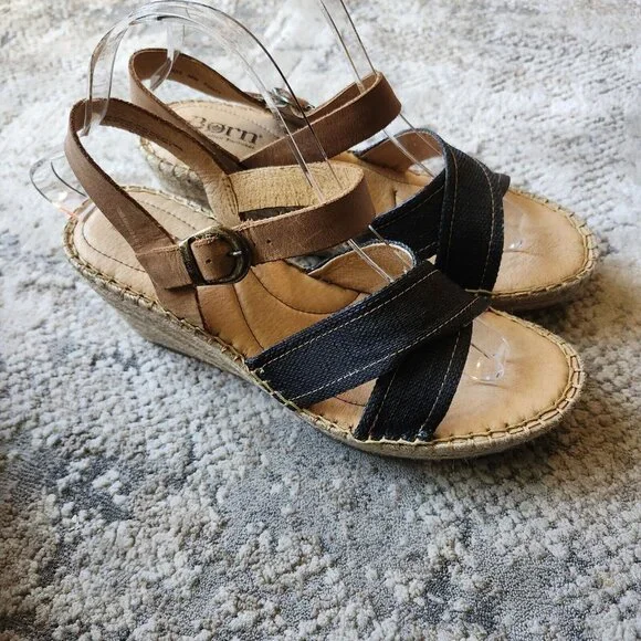 Born Wedge Sandals Women's 9 Blue Fabric Tan Leather Comfort Espadrille Platform - Picture 2 of 9